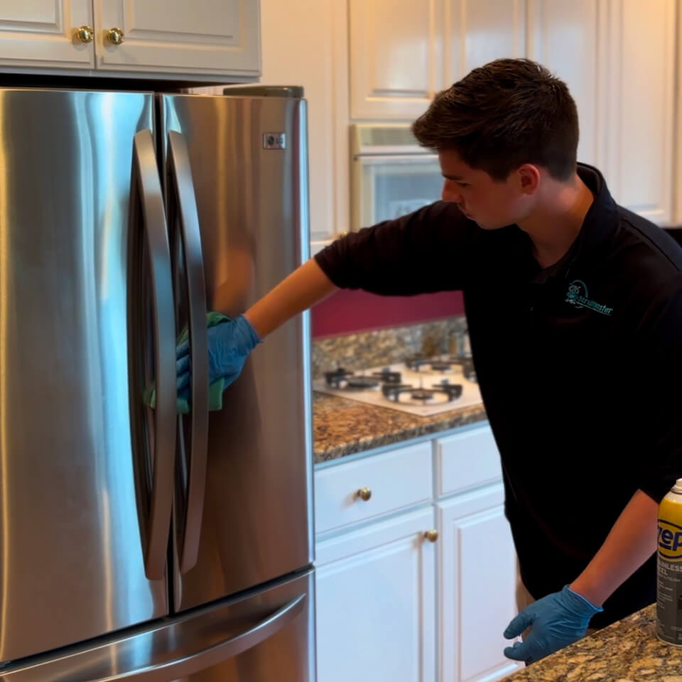 Cleaning tech wiping down fridge